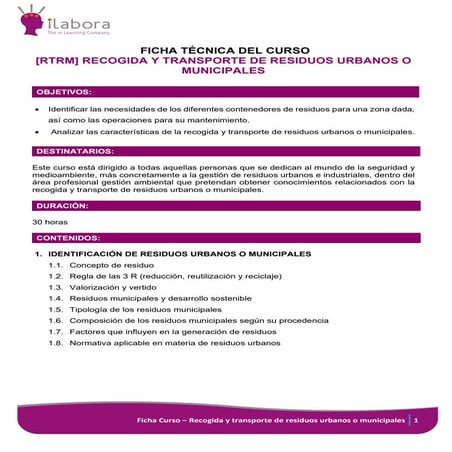 Ficha Curso RECOGIDA Y TRANSPORTE DE RESIDUOS URBANOS O MUNICIPALES