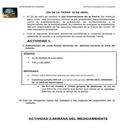 Ficha día de la tierra  22 de abril