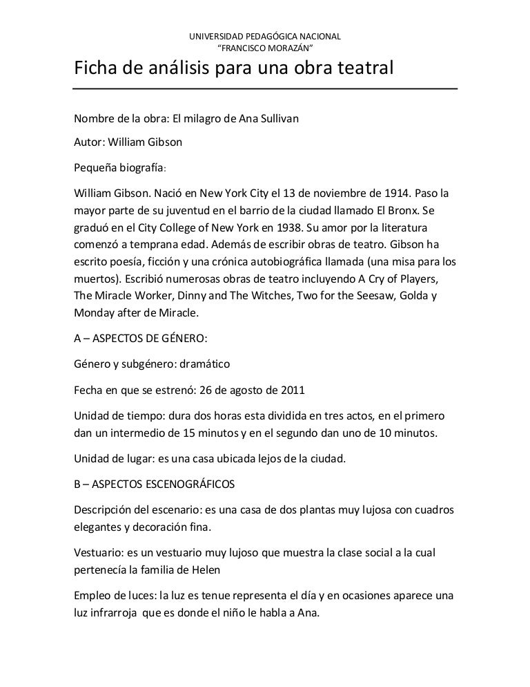 Ficha de análisis para una obra teatral Ficha de análisis para una obra teatral