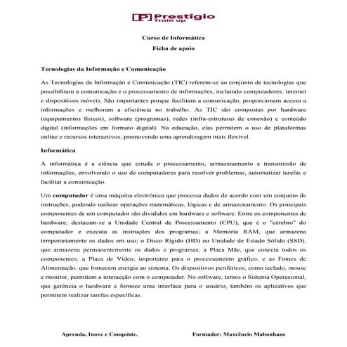 Ficha de apoio Informática para aulas de informática | PDF