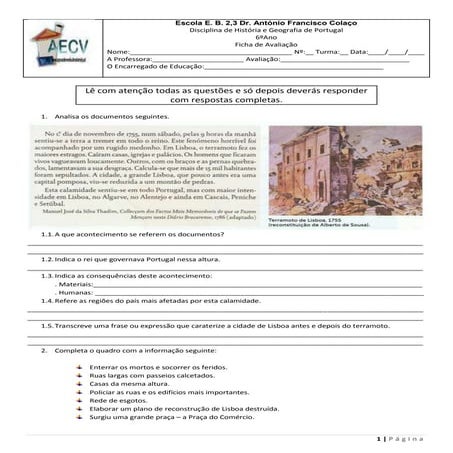 Ficha de Avaliação - 6º Ano - As Invasões Francesas/ A revolução Liberal de 1822