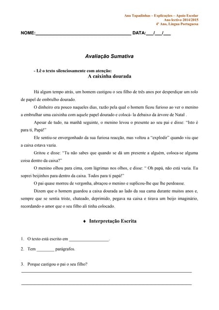 Ficha sumativa L.Portuguesa 4º ano ...