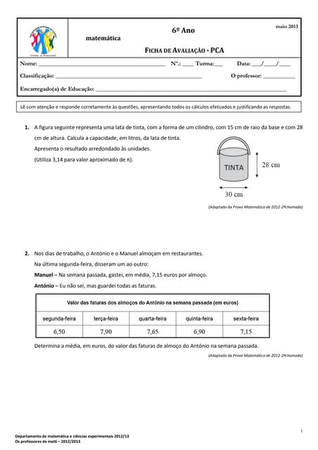 Ficha de avaliação final de MAT6 - pca