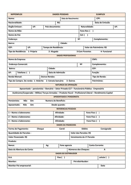 Ficha de cadastro padrão modelo 1