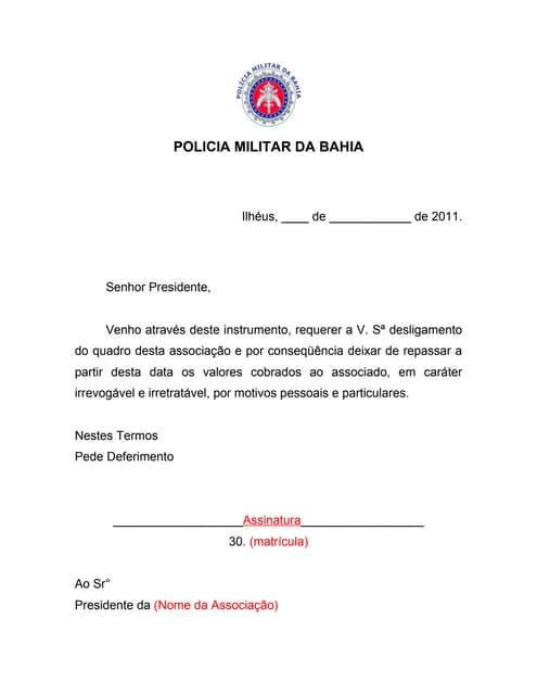 Modelo de requerimento de desligamento de associado