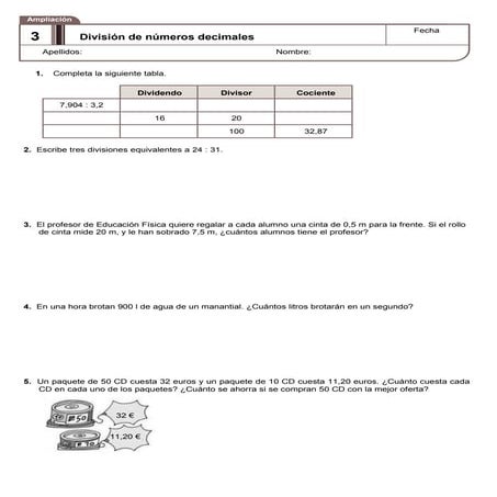 Ficha de división de decimales 6º