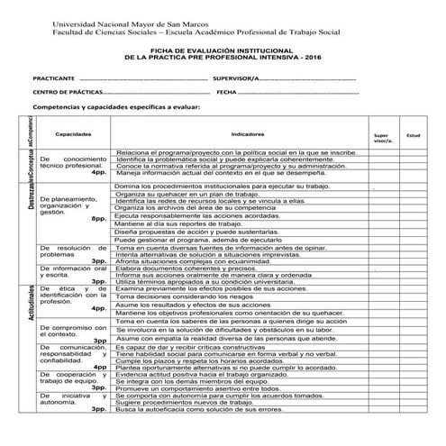 Ficha de evaluación institucional de prácticas pre profesionales en TS