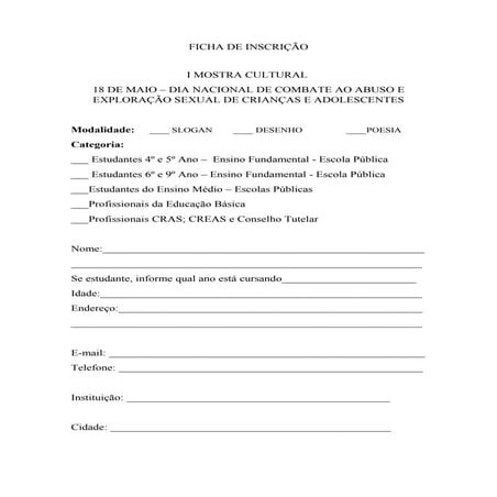FICHA DE INSCRIÇÃO I MOSTRA CULTURAL 18 DE MAIO