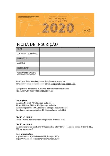 Ficha de Inscrição EUROPA 2020