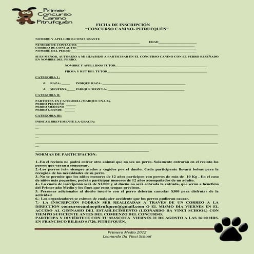 Ficha de inscripción concurso canino pitrufquén