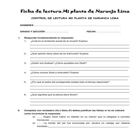 Ficha de lectura mi planta de naranja lima