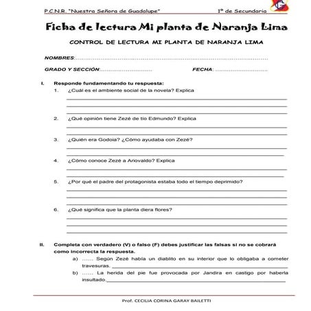 Ficha de lectura "Mi Planta de Naranja Lima"