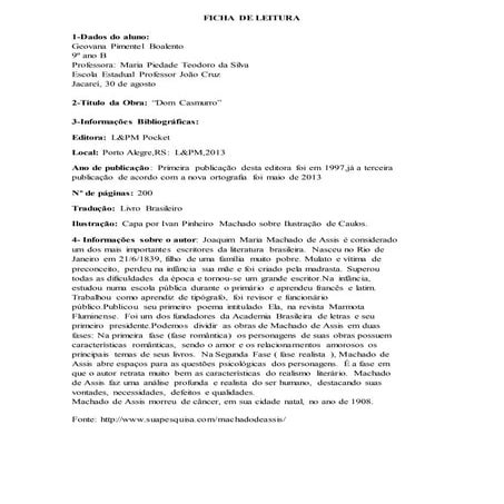 Ficha de leitura sobre o livro "Dom Casmurro" 