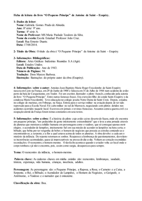 Ficha de leitura do livro "O Pequen...