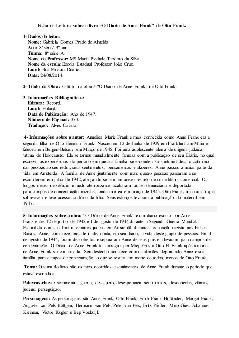 Ficha de leitura sobre o livro "O Diário de Anne Frank".