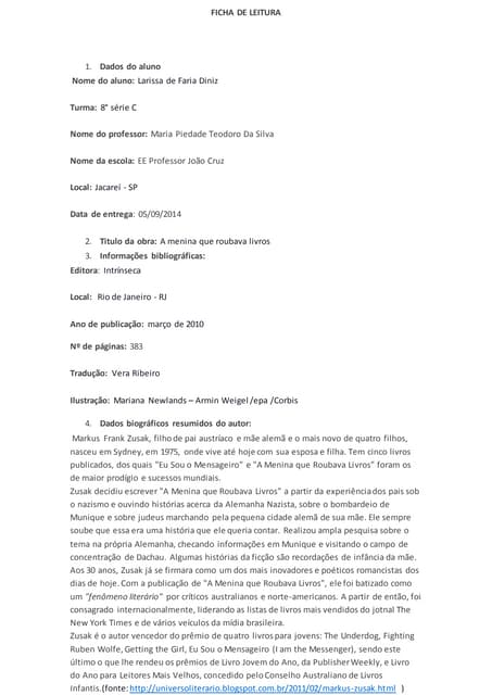 FICHA DE LEITURA : A MENINA QUE ROU...