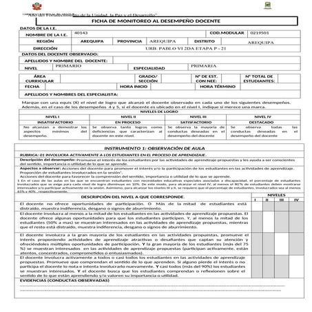 Ficha de monitoreo al desempeño docente | PDF