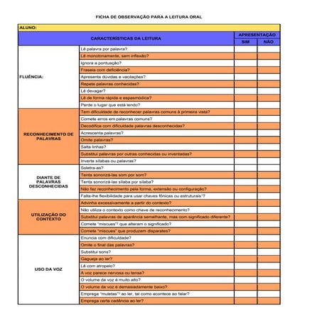 Ficha de observação para a leitura