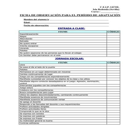 Ficha De Recogida Datos Periodo Adaptacion Pdf