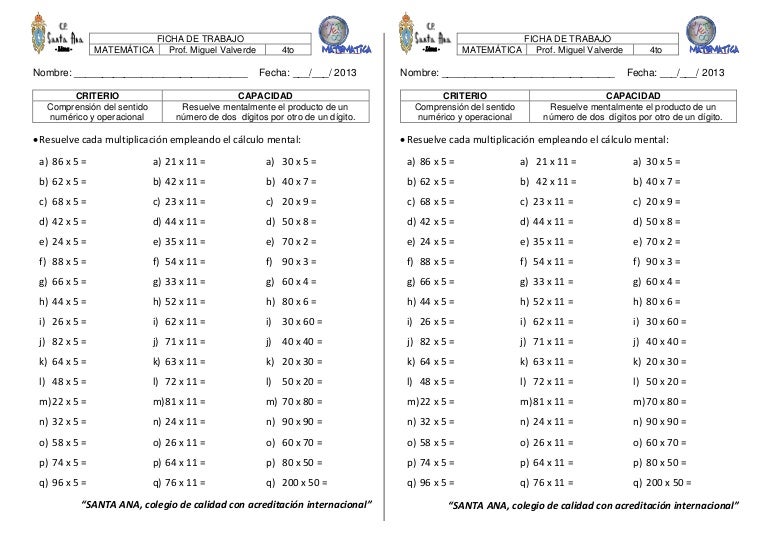 Ficha de trabajo multiplicación abreviada