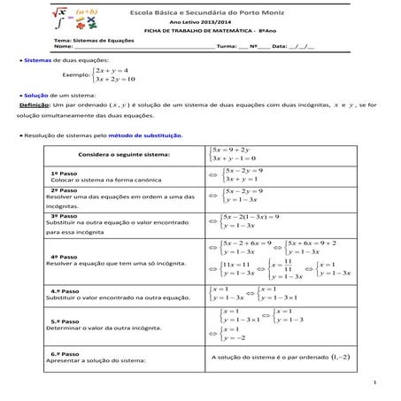 Ficha de trabalho sistemas de equações