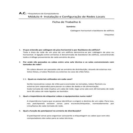 Cablagem horizontal e backbone de edificio | DOCX
