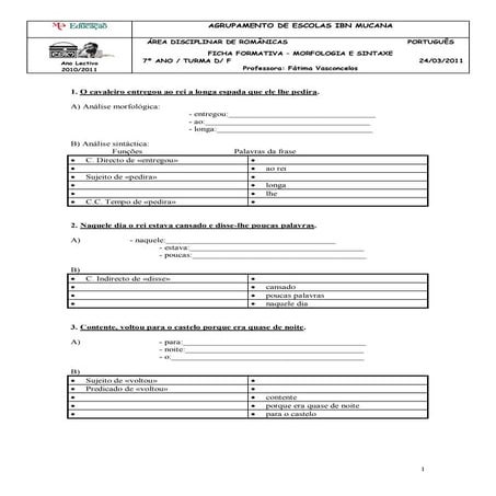 LP: Ficha de Trabalho Morfologia e Sintaxe | PDF