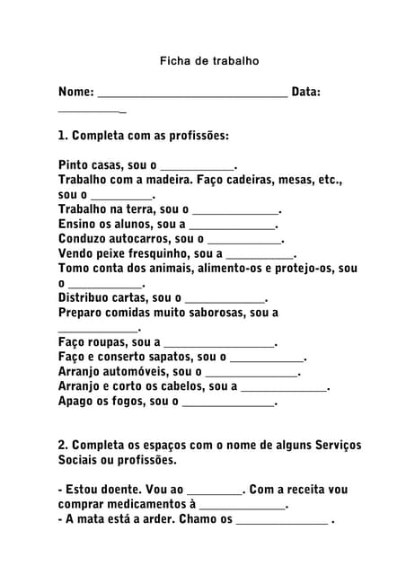 Ficha de trabalho profissões e instituições