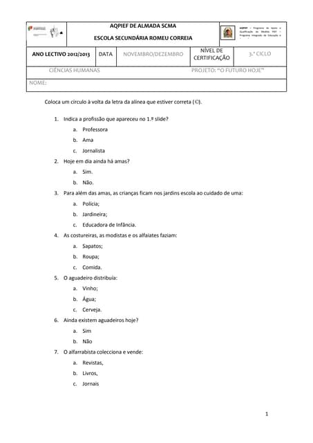 Ficha de trabalho profissões ontes ...