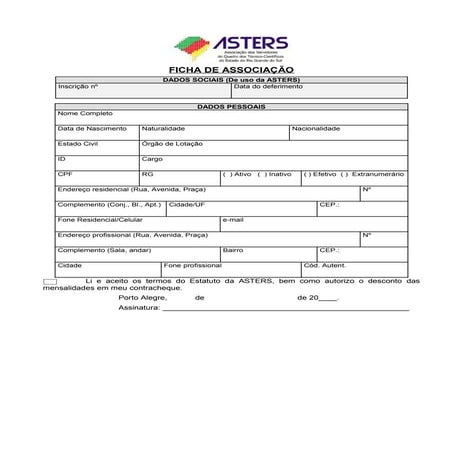 Ficha e autorização de débito - ASTERS