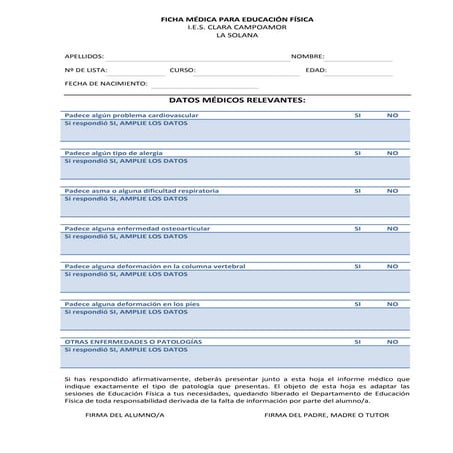 Ficha médica para Educación Física