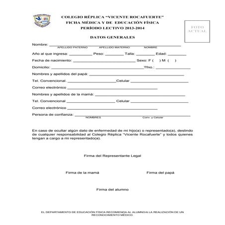 Ficha médica y de  educación física