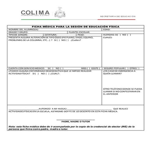 FICHA MÉDICA PARA LA SESIÓN DE EDUCACIÓN FÍSICA 