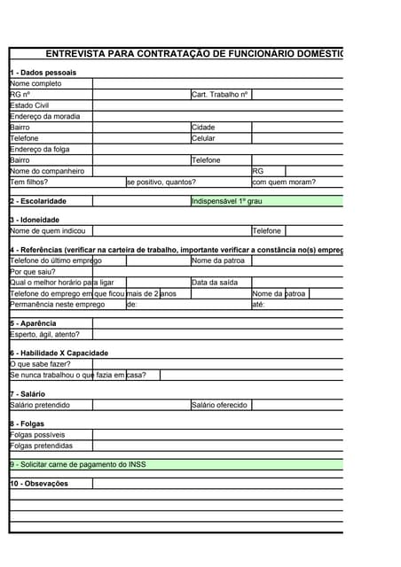 Ficha para contratação