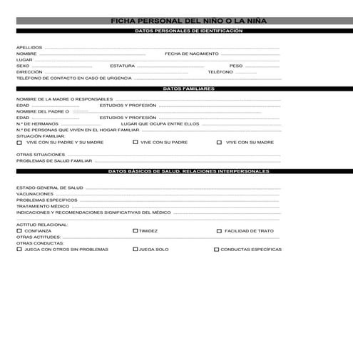 Ficha Personal Del NiñO O La NiñA