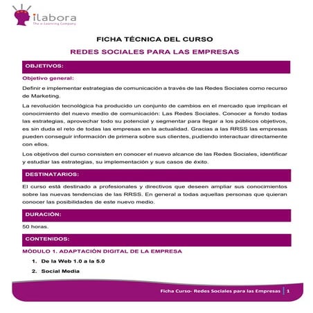 Ficha redes sociales para empresas