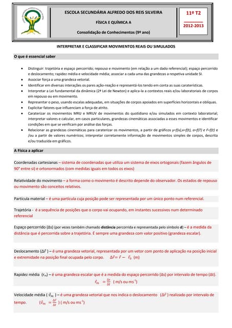 Ficha revisão11º  (movimentos)9º ano
