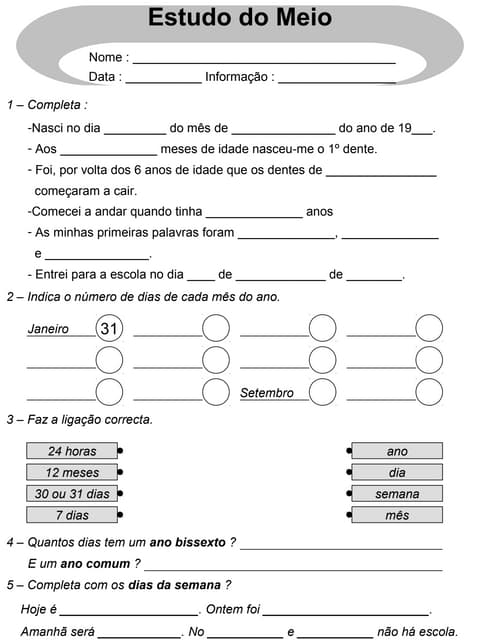 Fichas de avaliação mensal de estudo do meio do 2º ano