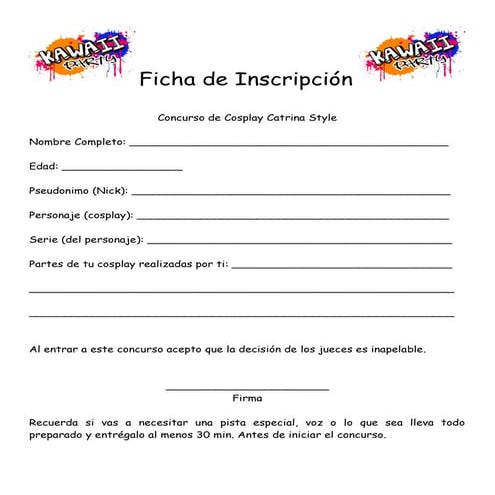 Fichas de inscripción Kawaii Party Ed.Dia de Muertos