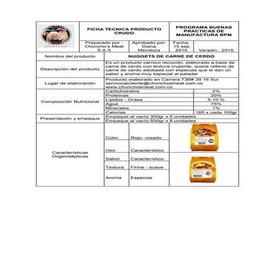 Fichas y diagramas de flujo productos choncho´s meat s