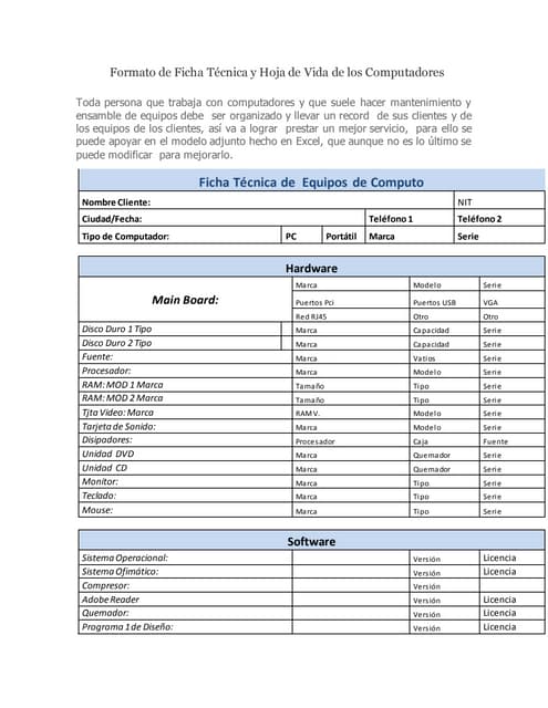 Formato hoja de vida equipos de computo | PDF