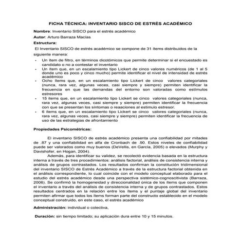 Ficha técnica del inventario sisco de estres academico