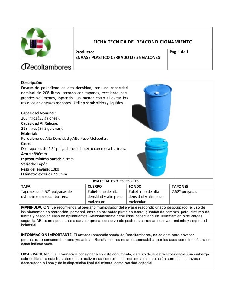 Ficha técnica envases plasticos