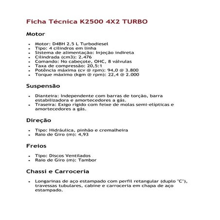 Ficha técnica k2500 4 x2 turbo, k2700 4x4 & k2700 4x2