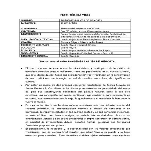 Ficha técnica video promocioal ancestros