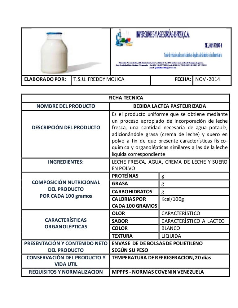 Ficha tecnica bebida lactea pasteurizada