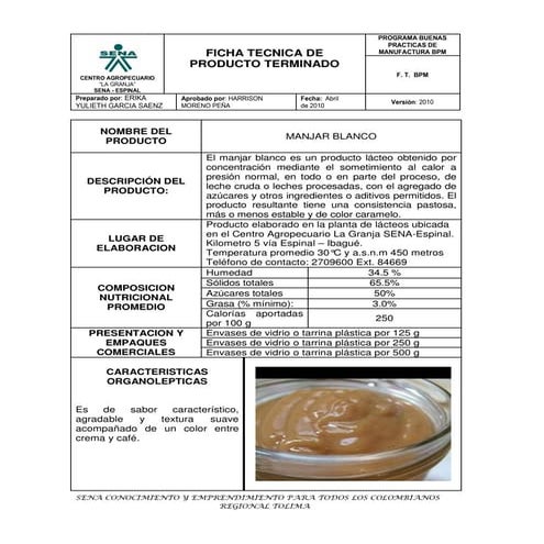 FICHA TECNICA MANJAR BLANCO