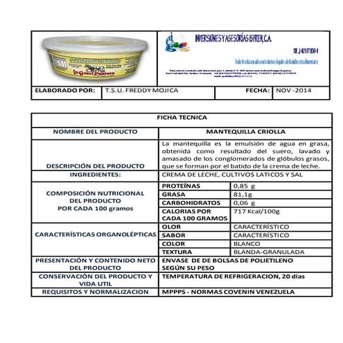 Ficha tecnica mantequilla