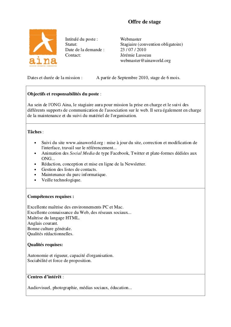 Fiche de poste webmaster ONG Aina Fiche de poste webmaster ONG Aina