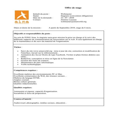 Fiche de poste webmaster - ONG Aina | PDF